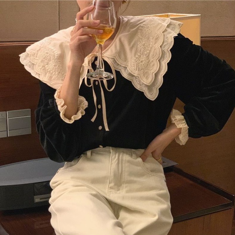 Embroidery Online - 女性用長袖シャツ,韓国風トップス,オフィスウーマン,シンプルなボタン,モノクロ,オールマッチ,春夏