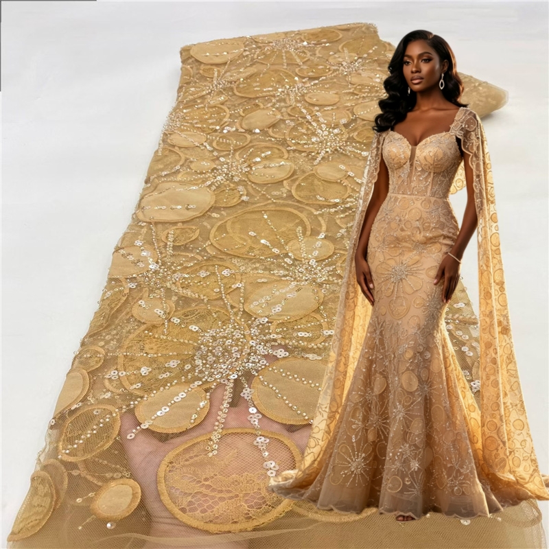 Embroidery Yellow Dress - 高級アフリカ風スパンコール刺繍入りイエローのレース生地。5ヤード。フランス風ナイジェリア風チュールレース生地。女性用パーティードレスの縫製に。