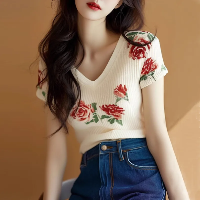 レディース ベージュ Vネック ニットトップス 半袖 3Dロ - Embroidery Rose のレビューと価格