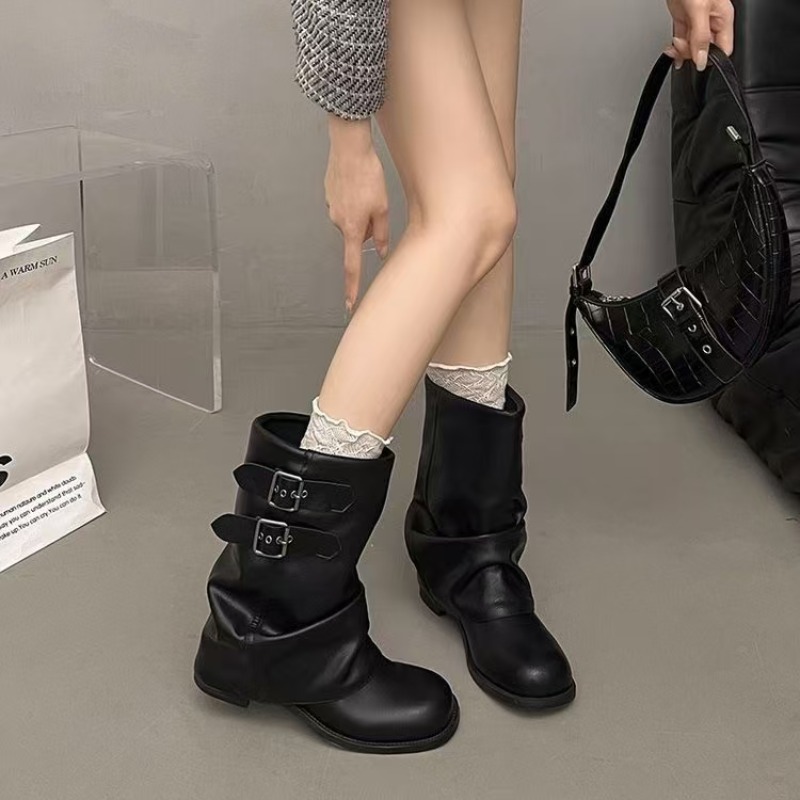 レディース ブラック スラウチー ミッドカーフブーツ ダブル - Embroidery Garments のレビューと価格