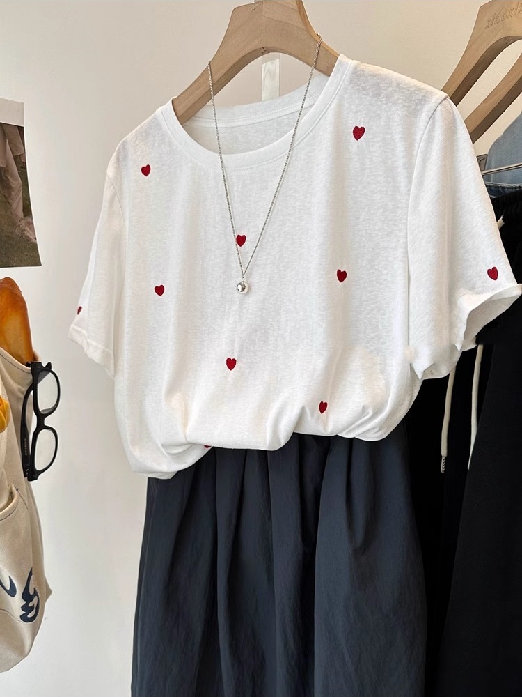 プラスサイズ 240 ポンド ラブ刺繍半袖レディース夏ルーズ - Embroidery Cotton Shirt のレビューと価格