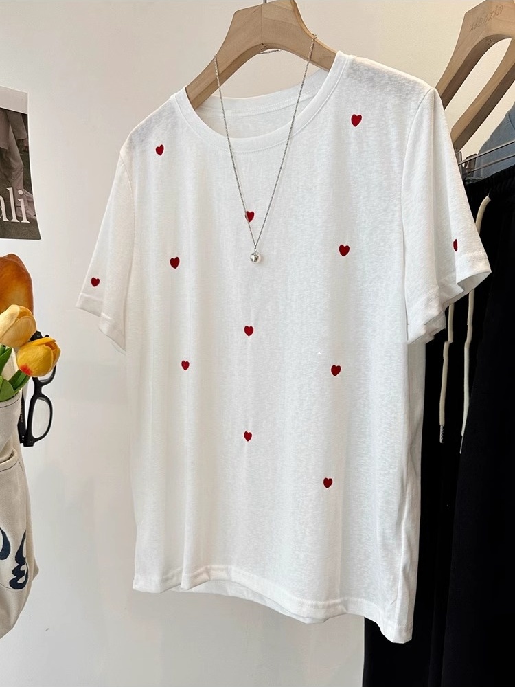 プラスサイズ 240 ポンド ラブ刺繍半袖レディース夏ルーズ - Embroidery Cotton Shirt のレビューと価格