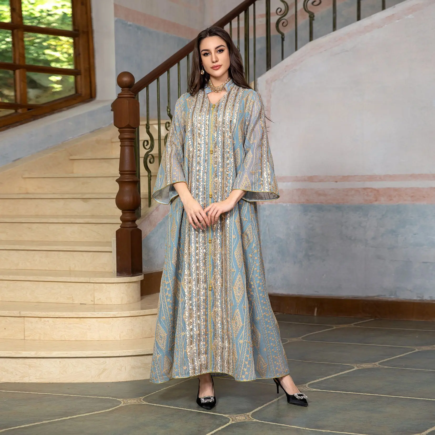 イードアバヤ刺繍スパンコールメッシュカフタンパーティードレス - Embroidery Kebaya のレビューと価格